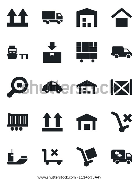 Set of vector isolated black icon - sea shipping
vector, truck trailer, car delivery, port, container, consolidated
cargo, warehouse storage, up side sign, no trolley, package,
search, moving