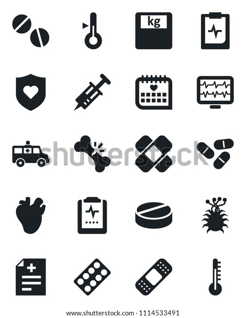 Set of vector isolated black icon - monitor pulse\
vector, diagnosis, syringe, scales, pills, blister, patch,\
ambulance car, heart shield, real, broken bone, medical calendar,\
clipboard, virus
