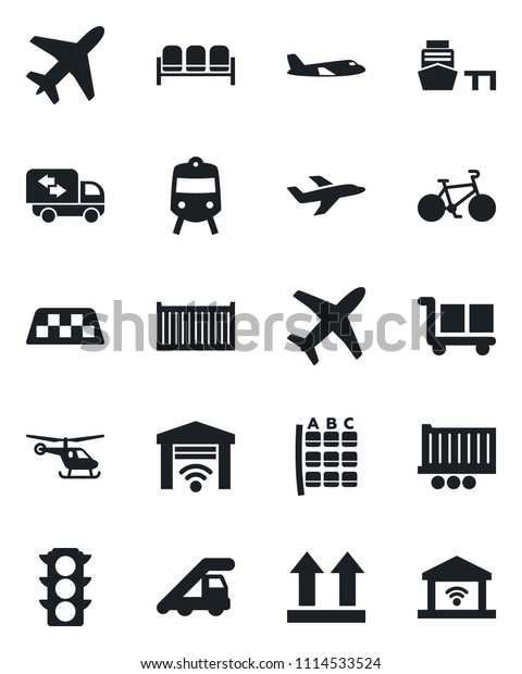 Set of vector isolated black icon - plane vector,
taxi, train, waiting area, ladder car, helicopter, seat map, bike,
traffic light, truck trailer, cargo container, sea port, up side
sign, moving