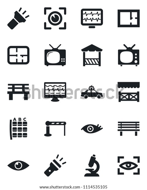 Set of vector isolated black icon - barrier\
vector, alarm car, seat map, bench, monitor pulse, microscope, eye,\
torch, plan, tv, alcove,\
scan