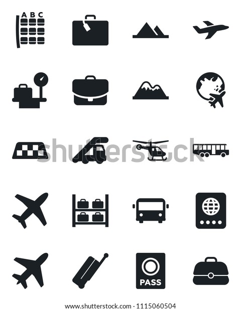 Set of vector\
isolated black icon - plane vector, taxi, suitcase, airport bus,\
passport, ladder car, helicopter, seat map, luggage storage,\
scales, globe, mountains,\
case