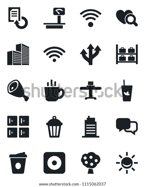 Set of vector isolated black icon - luggage storage\
vector, checkroom, coffee, document reload, garden light, heart\
diagnostic, route, heavy scales, dialog, rec button, office\
building, fruit tree