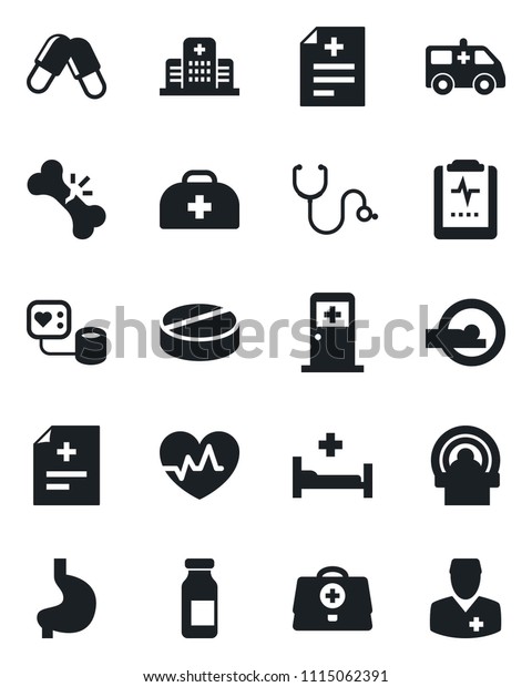 Set of vector isolated black icon - medical\
room vector, heart pulse, doctor case, diagnosis, stethoscope,\
blood pressure, pills, ampoule, tomography, ambulance car, hospital\
bed, stomach, clipboard
