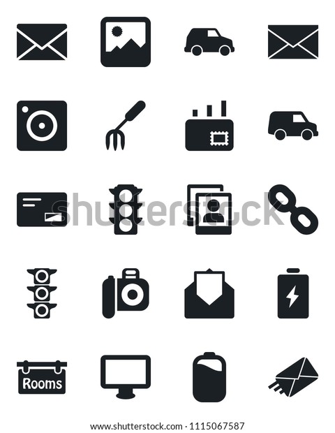 Set of vector isolated black icon - mail\
vector, garden fork, traffic light, camera, monitor, chain, mobile,\
gallery, photo, battery, rooms,\
car