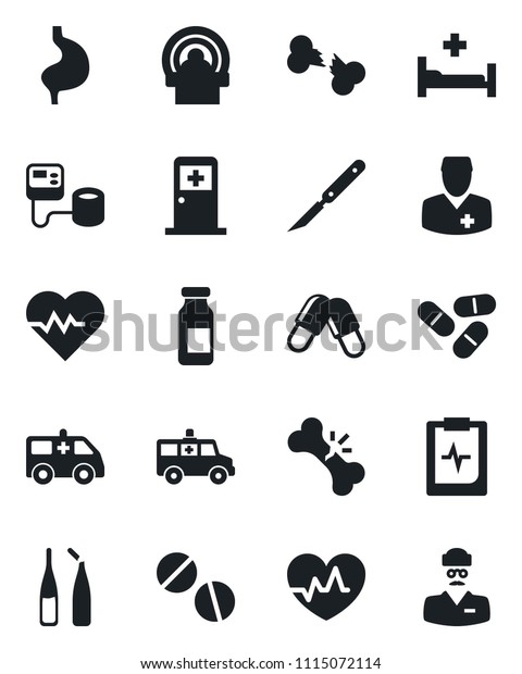Set\
of vector isolated black icon - medical room vector, heart pulse,\
blood pressure, pills, ampoule, scalpel, tomography, ambulance car,\
hospital bed, stomach, broken bone, clipboard,\
doctor