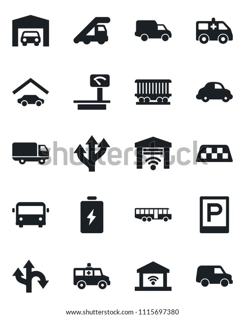 Set of vector isolated
black icon - taxi vector, airport bus, parking, ladder car,
ambulance, route, railroad, delivery, heavy scales, garage, gate
control, battery