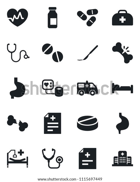 Set of vector isolated black icon - bed vector,\
heart pulse, doctor case, diagnosis, stethoscope, blood pressure,\
pills, ampoule, scalpel, ambulance car, hospital, stomach, broken\
bone