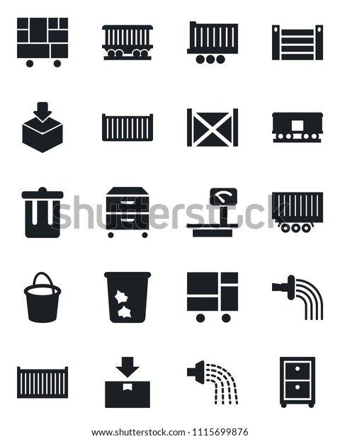 Set of vector isolated black\
icon - trash bin vector, bucket, watering, railroad, truck trailer,\
cargo container, consolidated, package, heavy scales, archive\
box
