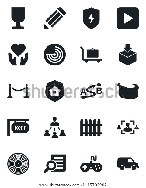 Set of vector isolated black icon - fence vector,\
baggage trolley, radar, document search, pencil, heart hand,\
fragile, package, route, vinyl, gamepad, play button, protect, hr,\
hierarchy, rent, car
