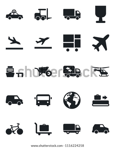 Set of vector isolated black icon - plane vector,\
departure, arrival, baggage conveyor, trolley, airport bus, alarm\
car, fork loader, helicopter, wheelbarrow, bike, earth, delivery,\
sea port, moving