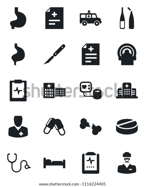 Set of vector isolated black icon - bed vector,\
diagnosis, stethoscope, blood pressure, pills, ampoule, scalpel,\
tomography, ambulance car, stomach, broken bone, pulse clipboard,\
hospital, doctor