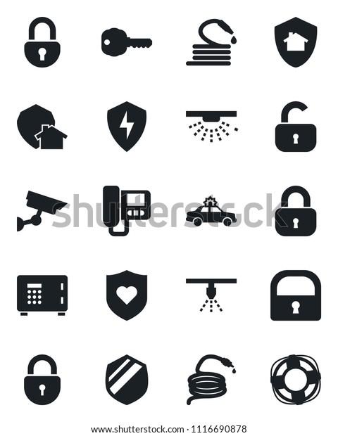 Set of vector isolated black\
icon - alarm car vector, safe, lock, hose, heart shield, protect,\
key, intercome, home, surveillance, sprinkler, crisis\
management