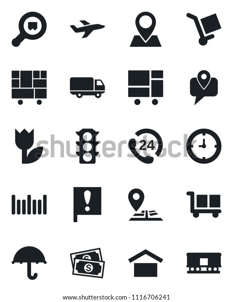 Set of vector isolated black icon - navigation\
vector, pin, important flag, plane, cash, traffic light, 24 hours,\
mobile tracking, car delivery, clock, consolidated cargo, umbrella,\
tulip, search
