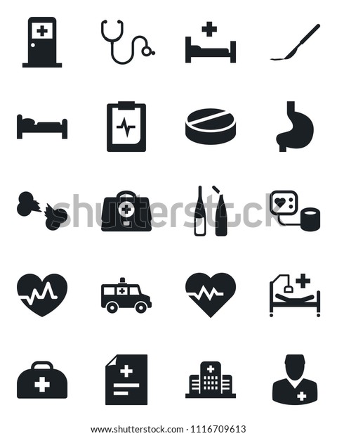 Set of vector isolated black icon - bed vector,\
medical room, heart pulse, doctor case, diagnosis, stethoscope,\
blood pressure, pills, ampoule, scalpel, ambulance car, hospital,\
stomach, broken bone