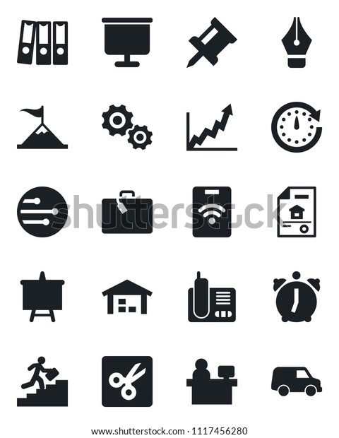 Set of vector isolated black icon - suitcase vector,\
presentation board, manager place, radio phone, alarm, network,\
cut, drawing pin, ink pen, paper binder, career ladder, warehouse,\
pass card, car
