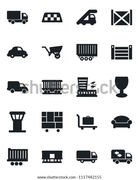 Set of vector isolated black icon - airport tower\
vector, taxi, baggage trolley, waiting area, ladder car, building,\
wheelbarrow, railroad, truck trailer, delivery, container,\
consolidated cargo