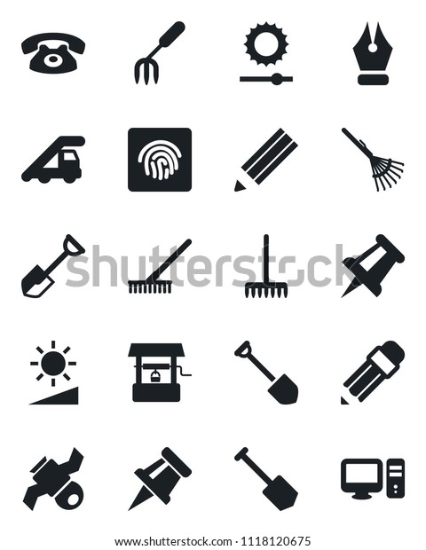Set of vector\
isolated black icon - ladder car vector, drawing pin, job, garden\
fork, shovel, rake, well, satellite, brightness, fingerprint id,\
ink pen, pencil, phone, pc