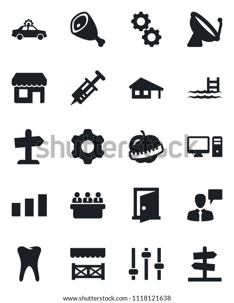 Set of vector isolated black icon - satellite\
antenna vector, alarm car, speaking man, meeting, syringe, tooth,\
diet, sorting, settings, tuning, house with garage, pool, alcove,\
ham, pc, gear, door