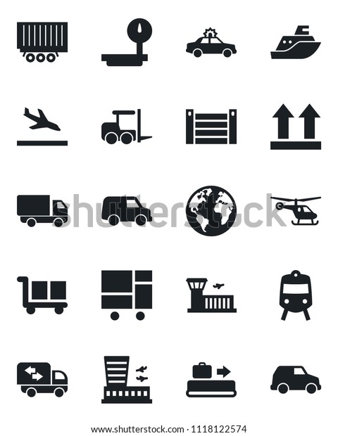 Set of vector isolated black icon - arrival\
vector, baggage conveyor, train, alarm car, fork loader,\
helicopter, airport building, earth, sea shipping, truck trailer,\
delivery, container,\
moving