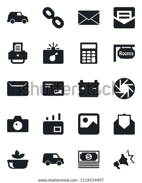 Set of vector isolated black\
icon - bomb in case vector, camera, mail, printer, cash, chain,\
mobile, gallery, calculator, rooms, salad, battery, car,\
advertising