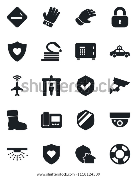 Set of vector isolated black icon - plane radar\
vector, security gate, smoking place, alarm car, safe, glove, boot,\
hose, heart shield, lock, intercome, home protect, surveillance,\
sprinkler