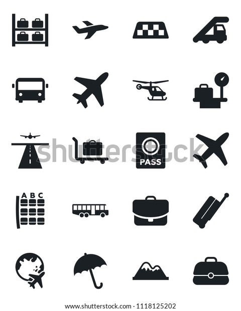 Set of vector isolated black icon - plane vector,\
runway, taxi, suitcase, baggage trolley, airport bus, umbrella,\
passport, ladder car, helicopter, seat map, luggage storage,\
scales, globe, case