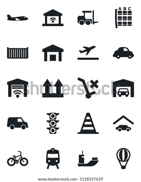Set of vector isolated black icon - departure\
vector, train, fork loader, border cone, plane, seat map, bike,\
traffic light, sea shipping, cargo container, car delivery, up side\
sign, no trolley
