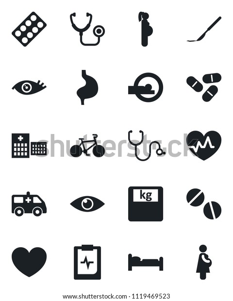 Set of vector isolated black icon - bed vector,\
heart, pulse, stethoscope, scales, pills, blister, scalpel,\
tomography, ambulance car, bike, stomach, eye, clipboard, hospital,\
pregnancy