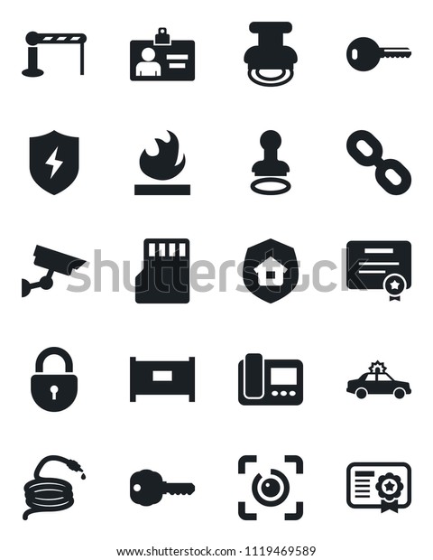 Set of vector isolated black icon - fence\
vector, barrier, alarm car, stamp, lock, identity card, hose,\
flammable, chain, protect, sd, eye id, key, estate insurance,\
intercome, surveillance