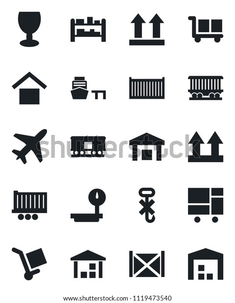 Set of vector isolated black icon - plane vector,\
railroad, truck trailer, cargo container, sea port, consolidated,\
fragile, warehouse storage, up side sign, no hook, heavy scales,\
rack