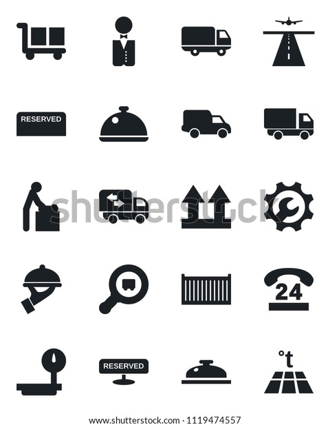 Set\
of vector isolated black icon - runway vector, baby room, 24 hours,\
cargo container, car delivery, up side sign, heavy scales, search,\
root setup, moving, waiter, dish, reserved,\
reception