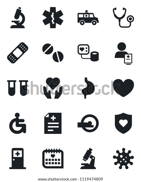 Set of vector isolated black icon - medical room\
vector, heart, diagnosis, stethoscope, blood pressure, test vial,\
microscope, pills, patch, tomography, ambulance star, car, shield,\
disabled, hand