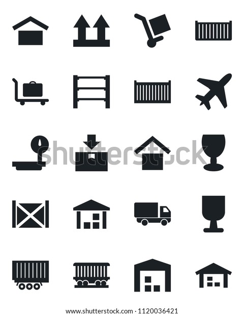 Set of vector isolated black icon - plane vector,\
baggage trolley, railroad, truck trailer, cargo container, car\
delivery, fragile, warehouse storage, up side sign, package, heavy\
scales, rack