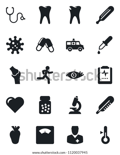 Set of vector isolated black icon - heart vector,\
stethoscope, dropper, thermometer, microscope, scales, pills,\
bottle, ambulance car, run, real, tooth, caries, eye, joint, pulse\
clipboard, doctor