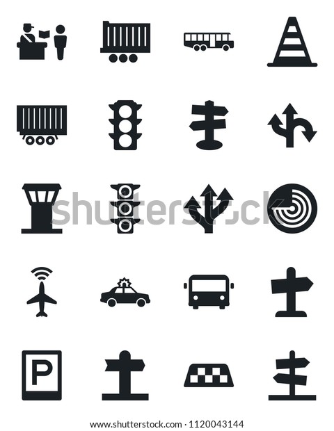 Set of vector isolated black icon - airport\
tower vector, plane radar, taxi, bus, parking, passport control,\
alarm car, border cone, route, signpost, traffic light, truck\
trailer, guidepost