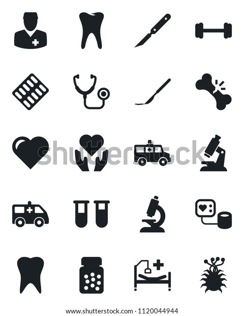 Set of vector isolated black icon - heart vector,
stethoscope, blood pressure, test vial, microscope, pills bottle,
blister, scalpel, ambulance car, barbell, hospital bed, hand,
tooth, broken bone