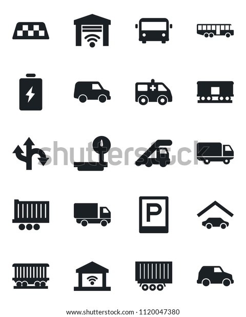 Set of vector\
isolated black icon - taxi vector, airport bus, parking, ladder\
car, ambulance, route, railroad, truck trailer, delivery, heavy\
scales, garage, gate control,\
battery