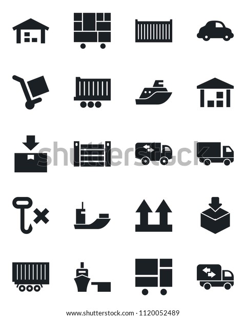 Set of vector isolated\
black icon - sea shipping vector, truck trailer, cargo container,\
car delivery, port, consolidated, up side sign, no hook, warehouse,\
package, moving