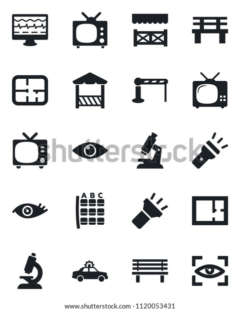 Set of vector isolated black icon - barrier vector,\
tv, alarm car, seat map, bench, monitor pulse, microscope, eye,\
torch, plan, alcove, scan