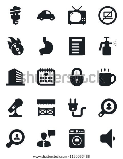 Set of vector isolated black icon - no laptop\
vector, washer, lock, speaking man, office building, document,\
garden sprayer, stomach, medical calendar, car delivery, flame\
disk, microphone, coffee