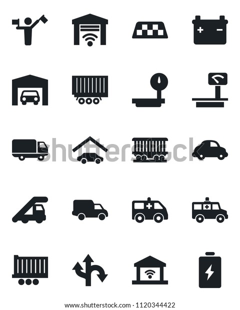 Set of vector\
isolated black icon - dispatcher vector, taxi, ladder car,\
ambulance, route, railroad, truck trailer, delivery, heavy scales,\
garage, gate control,\
battery