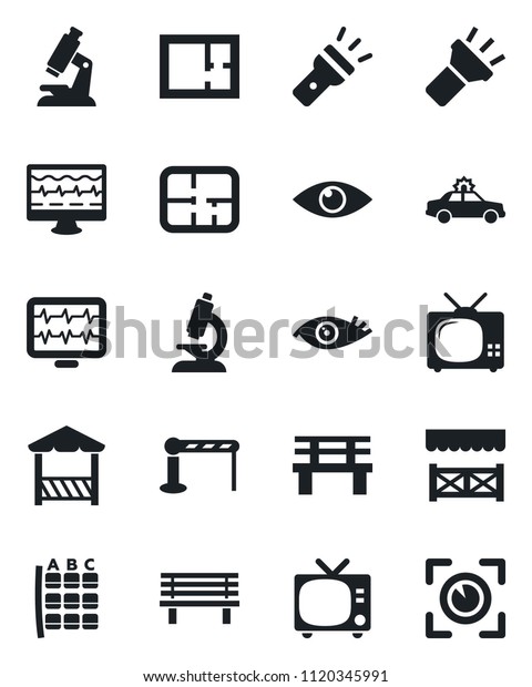 Set of vector isolated black icon - barrier vector,
tv, alarm car, seat map, bench, monitor pulse, microscope, eye,
torch, plan, alcove, scan