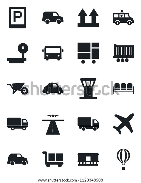 Set of vector isolated black icon - airport\
tower vector, runway, bus, parking, waiting area, wheelbarrow,\
ambulance car, plane, truck trailer, delivery, consolidated cargo,\
up side sign, railroad