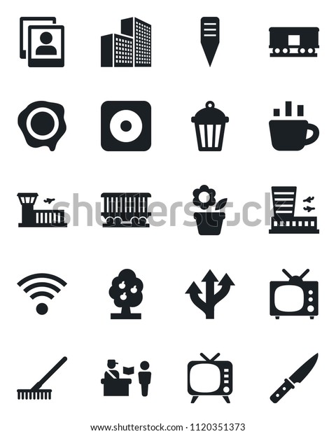 Set of vector isolated black icon - passport\
control vector, airport building, coffee, stamp, flower in pot,\
rake, plant label, garden light, route, railroad, tv, rec button,\
photo gallery, office