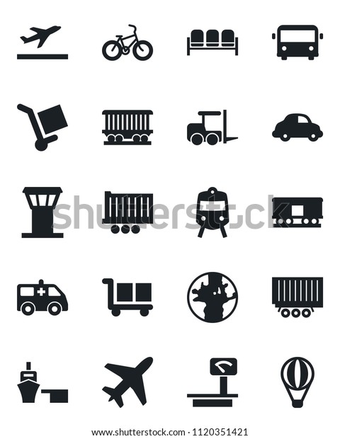 Set of vector isolated black icon - plane vector,\
airport tower, departure, bus, train, waiting area, fork loader,\
ambulance car, bike, earth, railroad, truck trailer, delivery, sea\
port, cargo