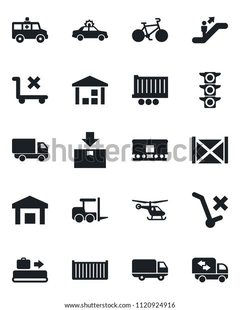 Set\
of vector isolated black icon - baggage conveyor vector, escalator,\
alarm car, fork loader, helicopter, ambulance, bike, traffic light,\
truck trailer, cargo container, delivery, no\
trolley