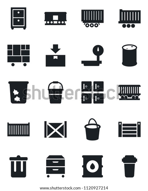 Set of vector isolated black icon - trash bin\
vector, checkroom, bucket, railroad, truck trailer, cargo\
container, consolidated, package, oil barrel, heavy scales, archive\
box, water filter
