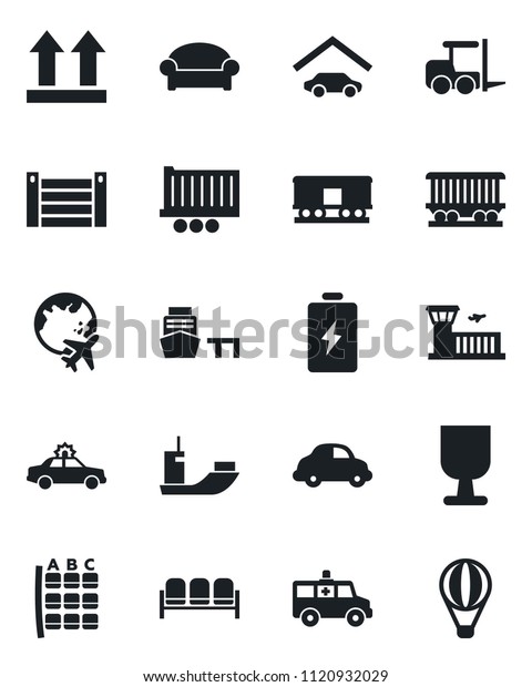Set of vector isolated black icon - waiting\
area vector, alarm car, fork loader, seat map, plane globe, airport\
building, ambulance, railroad, sea shipping, truck trailer,\
delivery, port, container