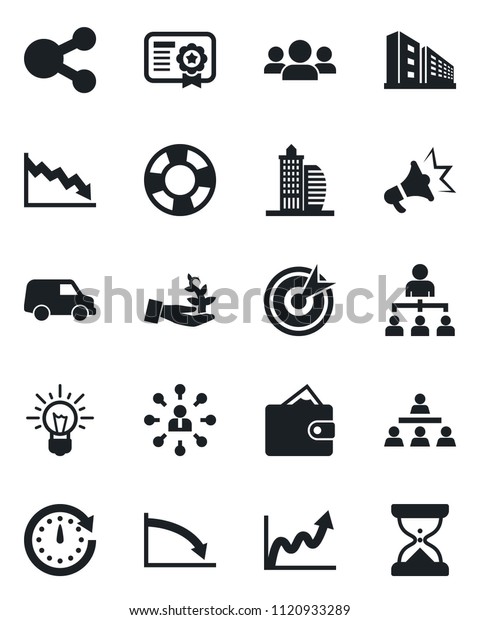 Set of vector isolated black icon - hierarchy\
vector, office building, target, group, palm sproute, wallet,\
clock, growth graph, crisis, idea, car, social media, management,\
certificate, advertising