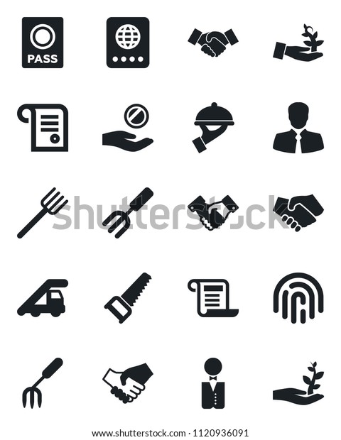 Set of vector isolated\
black icon - passport vector, ladder car, handshake, garden fork,\
farm, saw, client, fingerprint id, waiter, palm sproute,\
investment, contract